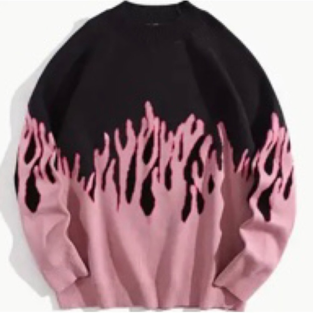 New in original packaging. Womens oversized sweater. Black/pink flames. SzS